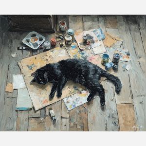 tense, calm, frame, black cat, palette knife, oil painting, impasto, thick paint, textured surface, expressive art, painterly style, material depth, visual rhythm, hand painted, layered pigment, atmospheric, fine art, contemporary painting