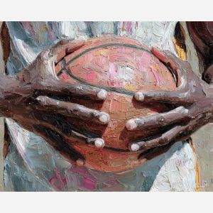 low, plane, basketball, palette knife, oil painting, impasto, thick paint, textured surface, expressive art, painterly style, material depth, visual rhythm, hand painted, layered pigment, atmospheric, fine art, contemporary painting