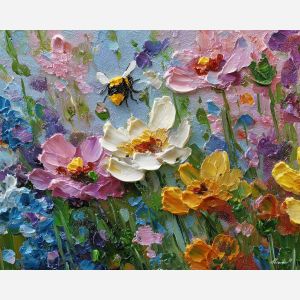 gentle, quiet, shift, bee, palette knife, oil painting, impasto, thick paint, textured surface, expressive art, painterly style, material depth, visual rhythm, hand painted, layered pigment, atmospheric, fine art, contemporary painting