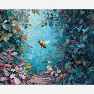 tense, drifting, scene, bee, palette knife, oil painting, impasto, thick paint, textured surface, expressive art, painterly style, material depth, visual rhythm, hand painted, layered pigment, atmospheric, fine art, contemporary painting