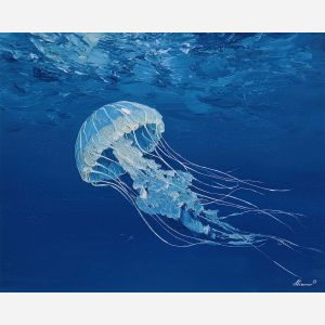 hidden, subtle, frame, jellyfish, palette knife, oil painting, impasto, thick paint, textured surface, expressive art, painterly style, material depth, visual rhythm, hand painted, layered pigment, atmospheric, fine art, contemporary painting
