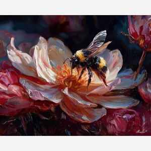 tense, vision, bee, palette knife, oil painting, impasto, thick paint, textured surface, expressive art, painterly style, material depth, visual rhythm, hand painted, layered pigment, atmospheric, fine art, contemporary painting