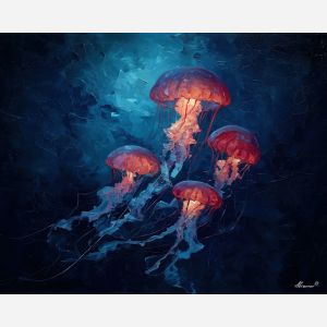 strange, plane, jellyfish, palette knife, oil painting, impasto, thick paint, textured surface, expressive art, painterly style, material depth, visual rhythm, hand painted, layered pigment, atmospheric, fine art, contemporary painting