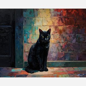 heavy, interval, black cat, palette knife, oil painting, impasto, thick paint, textured surface, expressive art, painterly style, material depth, visual rhythm, hand painted, layered pigment, atmospheric, fine art, contemporary painting
