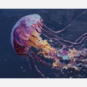 heavy, frame, jellyfish, palette knife, oil painting, impasto, thick paint, textured surface, expressive art, painterly style, material depth, visual rhythm, hand painted, layered pigment, atmospheric, fine art, contemporary painting