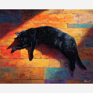 vivid, presence, black cat, palette knife, oil painting, impasto, thick paint, textured surface, expressive art, painterly style, material depth, visual rhythm, hand painted, layered pigment, atmospheric, fine art, contemporary painting