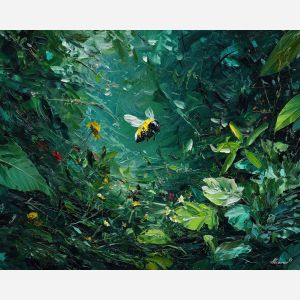 dense, rhythm, bee, palette knife, oil painting, impasto, thick paint, textured surface, expressive art, painterly style, material depth, visual rhythm, hand painted, layered pigment, atmospheric, fine art, contemporary painting
