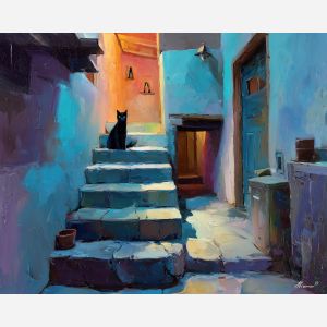 floating, interval, black cat, palette knife, oil painting, impasto, thick paint, textured surface, expressive art, painterly style, material depth, visual rhythm, hand painted, layered pigment, atmospheric, fine art, contemporary painting