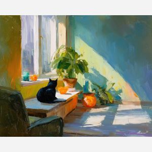 playful, light, shift, black cat, palette knife, oil painting, impasto, thick paint, textured surface, expressive art, painterly style, material depth, visual rhythm, hand painted, layered pigment, atmospheric, fine art, contemporary painting