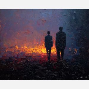 dark valentine,love theme,shadow couple,romantic silhouettes,palette knife,oil painting,impasto,thick paint,textured surface,moody art,intimacy,connection,faceless figures,night scene,emotional art,expressive surface,atmospheric painting,modern fine art