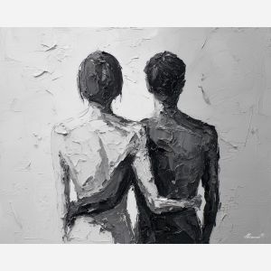 minimal valentine,love theme,faceless couple,abstract figures,palette knife,oil painting,impasto,thick paint,textured surface,minimal art,intimacy,togetherness,clean composition,modern painting,emotional restraint,visual simplicity,contemporary fine art