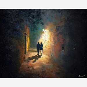 dark valentine,love theme,shadow couple,romantic silhouettes,palette knife,oil painting,impasto,thick paint,textured surface,moody art,intimacy,connection,faceless figures,night scene,emotional art,expressive surface,atmospheric painting,modern fine art