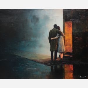 dark valentine,love theme,shadow couple,romantic silhouettes,palette knife,oil painting,impasto,thick paint,textured surface,moody art,intimacy,connection,faceless figures,night scene,emotional art,expressive surface,atmospheric painting,modern fine art