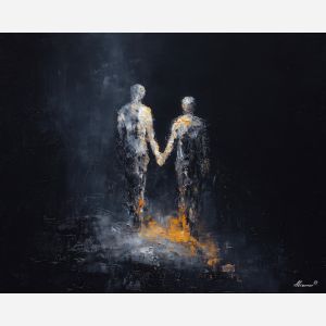 dark valentine,love theme,shadow couple,romantic silhouettes,palette knife,oil painting,impasto,thick paint,textured surface,moody art,intimacy,connection,faceless figures,night scene,emotional art,expressive surface,atmospheric painting,modern fine art