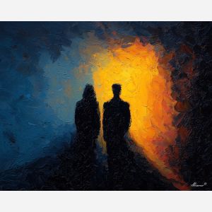 dark valentine,love theme,shadow couple,romantic silhouettes,palette knife,oil painting,impasto,thick paint,textured surface,moody art,intimacy,connection,faceless figures,night scene,emotional art,expressive surface,atmospheric painting,modern fine art