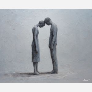 minimal valentine,love theme,faceless couple,abstract figures,palette knife,oil painting,impasto,thick paint,textured surface,minimal art,intimacy,togetherness,clean composition,modern painting,emotional restraint,visual simplicity,contemporary fine art