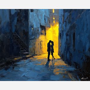 dark valentine,love theme,shadow couple,romantic silhouettes,palette knife,oil painting,impasto,thick paint,textured surface,moody art,intimacy,connection,faceless figures,night scene,emotional art,expressive surface,atmospheric painting,modern fine art