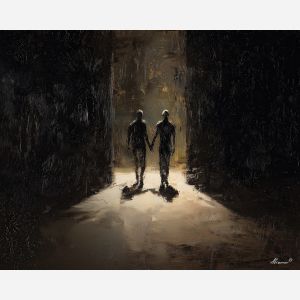 dark valentine,love theme,shadow couple,romantic silhouettes,palette knife,oil painting,impasto,thick paint,textured surface,moody art,intimacy,connection,faceless figures,night scene,emotional art,expressive surface,atmospheric painting,modern fine art