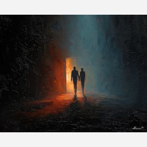 dark valentine,love theme,shadow couple,romantic silhouettes,palette knife,oil painting,impasto,thick paint,textured surface,moody art,intimacy,connection,faceless figures,night scene,emotional art,expressive surface,atmospheric painting,modern fine art