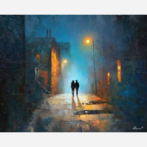 dark valentine,love theme,shadow couple,romantic silhouettes,palette knife,oil painting,impasto,thick paint,textured surface,moody art,intimacy,connection,faceless figures,night scene,emotional art,expressive surface,atmospheric painting,modern fine art