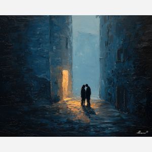 dark valentine,love theme,shadow couple,romantic silhouettes,palette knife,oil painting,impasto,thick paint,textured surface,moody art,intimacy,connection,faceless figures,night scene,emotional art,expressive surface,atmospheric painting,modern fine art