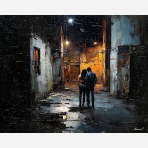 dark valentine,love theme,shadow couple,romantic silhouettes,palette knife,oil painting,impasto,thick paint,textured surface,moody art,intimacy,connection,faceless figures,night scene,emotional art,expressive surface,atmospheric painting,modern fine art
