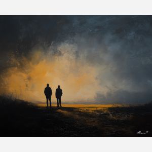 dark valentine,love theme,shadow couple,romantic silhouettes,palette knife,oil painting,impasto,thick paint,textured surface,moody art,intimacy,connection,faceless figures,night scene,emotional art,expressive surface,atmospheric painting,modern fine art