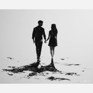 minimal valentine,love theme,faceless couple,abstract figures,palette knife,oil painting,impasto,thick paint,textured surface,minimal art,intimacy,togetherness,clean composition,modern painting,emotional restraint,visual simplicity,contemporary fine art