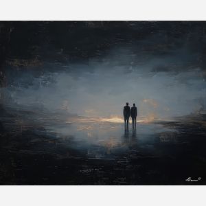 dark valentine,love theme,shadow couple,romantic silhouettes,palette knife,oil painting,impasto,thick paint,textured surface,moody art,intimacy,connection,faceless figures,night scene,emotional art,expressive surface,atmospheric painting,modern fine art