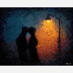 dark valentine,love theme,shadow couple,romantic silhouettes,palette knife,oil painting,impasto,thick paint,textured surface,moody art,intimacy,connection,faceless figures,night scene,emotional art,expressive surface,atmospheric painting,modern fine art