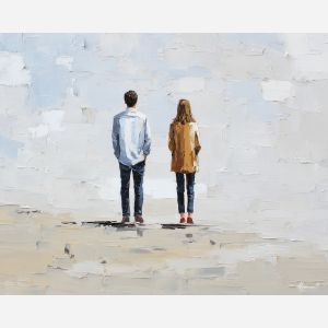 minimal valentine,love theme,faceless couple,abstract figures,palette knife,oil painting,impasto,thick paint,textured surface,minimal art,intimacy,togetherness,clean composition,modern painting,emotional restraint,visual simplicity,contemporary fine art