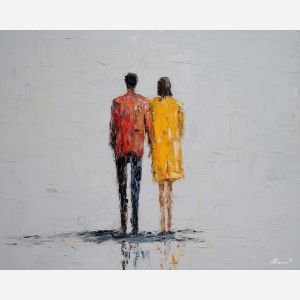minimal valentine,love theme,faceless couple,abstract figures,palette knife,oil painting,impasto,thick paint,textured surface,minimal art,intimacy,togetherness,clean composition,modern painting,emotional restraint,visual simplicity,contemporary fine art