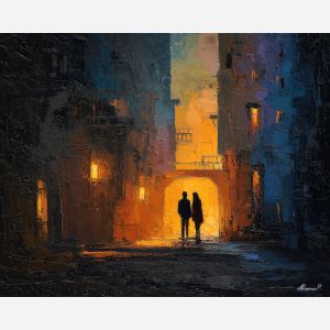 dark valentine,love theme,shadow couple,romantic silhouettes,palette knife,oil painting,impasto,thick paint,textured surface,moody art,intimacy,connection,faceless figures,night scene,emotional art,expressive surface,atmospheric painting,modern fine art