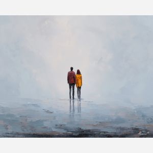 balanced, presence, saint valentine, love theme, couple, togetherness, romantic scene, palette knife, oil painting, impasto, thick paint, textured surface, emotional art, symbolic, intimacy, pairing, connection