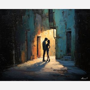 dark valentine,love theme,shadow couple,romantic silhouettes,palette knife,oil painting,impasto,thick paint,textured surface,moody art,intimacy,connection,faceless figures,night scene,emotional art,expressive surface,atmospheric painting,modern fine art