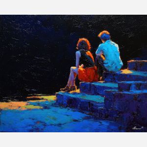 dark valentine,love theme,shadow couple,romantic silhouettes,palette knife,oil painting,impasto,thick paint,textured surface,moody art,intimacy,connection,faceless figures,night scene,emotional art,expressive surface,atmospheric painting,modern fine art