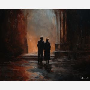 dark valentine,love theme,shadow couple,romantic silhouettes,palette knife,oil painting,impasto,thick paint,textured surface,moody art,intimacy,connection,faceless figures,night scene,emotional art,expressive surface,atmospheric painting,modern fine art