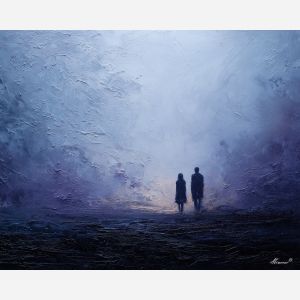 dark valentine,love theme,shadow couple,romantic silhouettes,palette knife,oil painting,impasto,thick paint,textured surface,moody art,intimacy,connection,faceless figures,night scene,emotional art,expressive surface,atmospheric painting,modern fine art