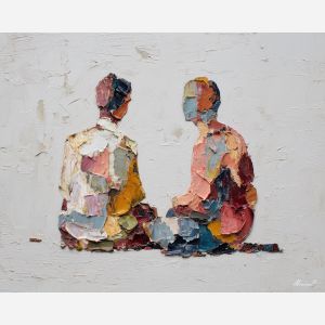 minimal valentine,love theme,faceless couple,abstract figures,palette knife,oil painting,impasto,thick paint,textured surface,minimal art,intimacy,togetherness,clean composition,modern painting,emotional restraint,visual simplicity,contemporary fine art