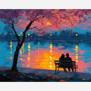 summer, evening, saint valentine, afremov style, palette knife, oil painting, impasto, bright colors, romantic park, lakeside, silhouettes, reflection, seasonal landscape, colorful art, textured paint, love theme, evening light