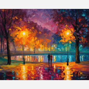 evening, scene, saint valentine, afremov style, palette knife, oil painting, impasto, bright colors, romantic park, lakeside, silhouettes, reflection, seasonal landscape, colorful art, textured paint, love theme, evening light