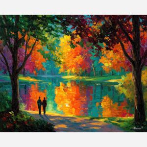 reflected, path, saint valentine, afremov style, palette knife, oil painting, impasto, bright colors, romantic park, lakeside, silhouettes, reflection, seasonal landscape, colorful art, textured paint, love theme, evening light