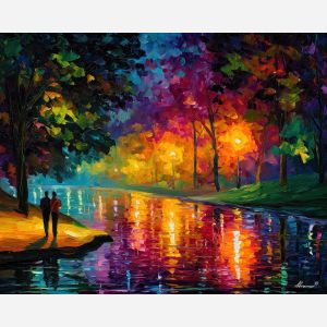 autumn, season, saint valentine, afremov style, palette knife, oil painting, impasto, bright colors, romantic park, lakeside, silhouettes, reflection, seasonal landscape, colorful art, textured paint, love theme, evening light