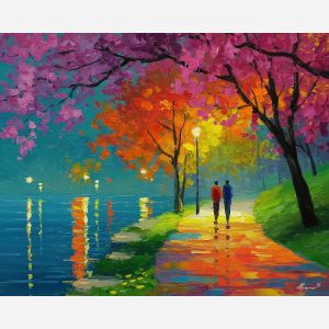 summer, season, saint valentine, afremov style, palette knife, oil painting, impasto, bright colors, romantic park, lakeside, silhouettes, reflection, seasonal landscape, colorful art, textured paint, love theme, evening light