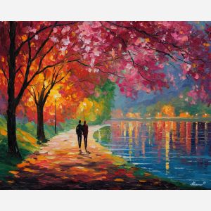 warm, horizon, saint valentine, afremov style, palette knife, oil painting, impasto, bright colors, romantic park, lakeside, silhouettes, reflection, seasonal landscape, colorful art, textured paint, love theme, evening light