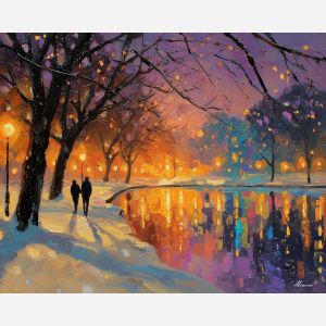 quiet, reflections, saint valentine, afremov style, palette knife, oil painting, impasto, bright colors, romantic park, lakeside, silhouettes, reflection, seasonal landscape, colorful art, textured paint, love theme, evening light