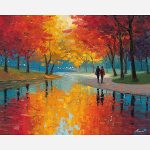 reflected, lake, saint valentine, afremov style, palette knife, oil painting, impasto, bright colors, romantic park, lakeside, silhouettes, reflection, seasonal landscape, colorful art, textured paint, love theme, evening light