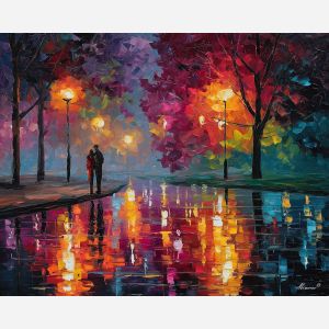 joyful, walk, saint valentine, afremov style, palette knife, oil painting, impasto, bright colors, romantic park, lakeside, silhouettes, reflection, seasonal landscape, colorful art, textured paint, love theme, evening light