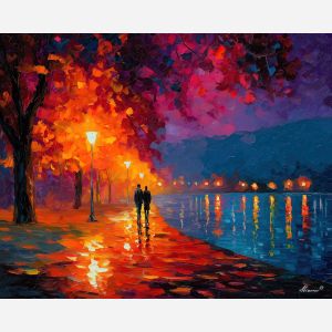 vivid, evening, saint valentine, afremov style, palette knife, oil painting, impasto, bright colors, romantic park, lakeside, silhouettes, reflection, seasonal landscape, colorful art, textured paint, love theme, evening light