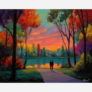 romantic, colors, saint valentine, afremov style, palette knife, oil painting, impasto, bright colors, romantic park, lakeside, silhouettes, reflection, seasonal landscape, colorful art, textured paint, love theme, evening light